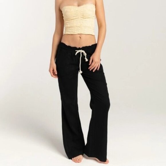 Roxy Oceanside Linen Blend Women's M Black Beachy Flare Leg Drawstring Pants - Picture 1 of 11